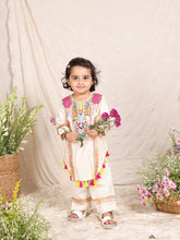 Off White Flax Kurta Set with Mirror Work for Girls