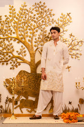 Off White Gold Work Chikan Kurta for Men