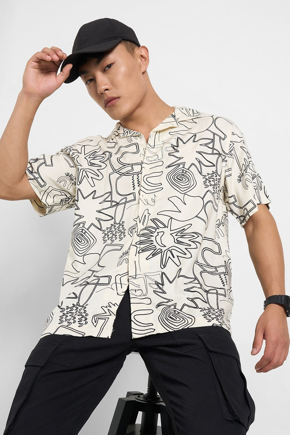 Off White Printed Relaxed Fit Half-Sleeves Shirt