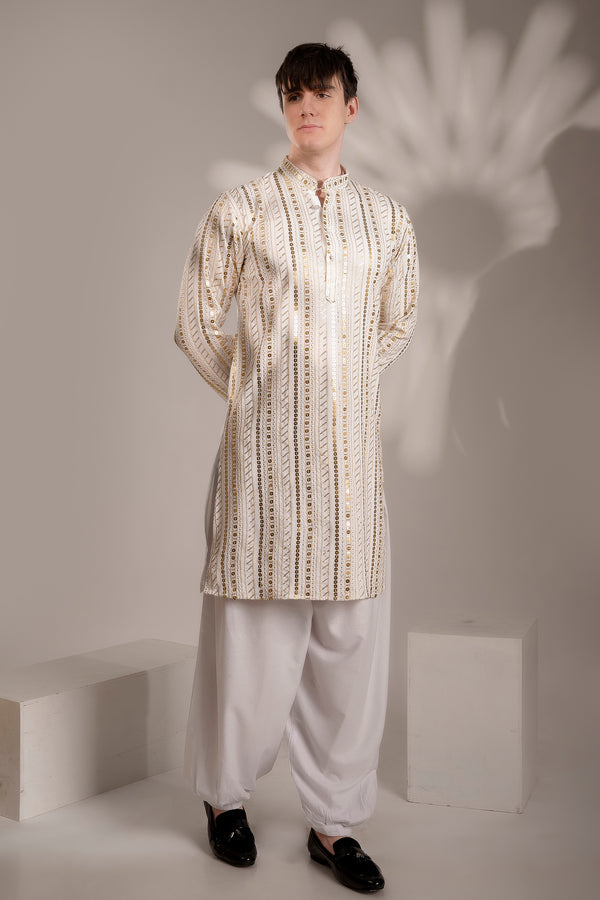 Off White Sequin Cotton Kurta for Men