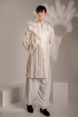 Off White Sequin Cotton Kurta for Men