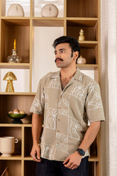 Olive Linen Cuban Collar Embroidered Shirt