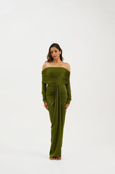 Olive Off-Shoulder Draped Lycra Gown
