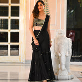 Black Cotton Silk Draped Saree with Blouse