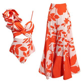 Orange Harley Swimsuit with Sarong Skirt