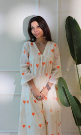 Orange Hearts Cotton Flared Kurta Set