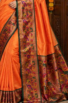 Surmayi Orange Soft Silk Paithani Saree with Lotus & Peacock Copper Zari Pallu