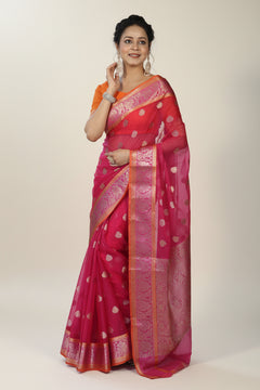 Banarasi Organza Saree with Gold Butti and Zari Border in Rani Pink