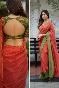 Rust Kalamkari Mirror Mul Cotton Saree with Blouse