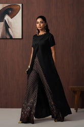 Black Overlap Kurta Set with Printed Wide-Leg Palazzo