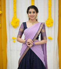Padmaja Navy Blue and Lavender Cotton Half Saree