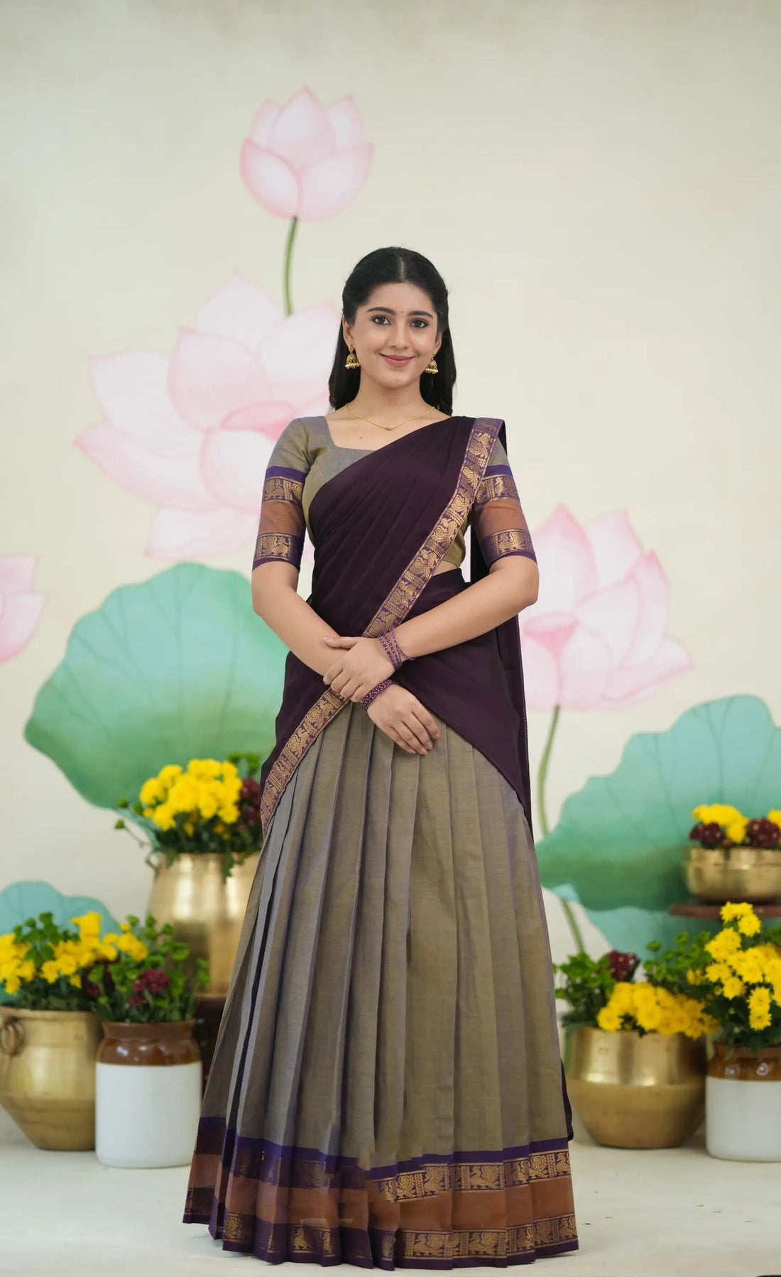 Padmaja Cotton Half Saree in Brownish Grey & Plum