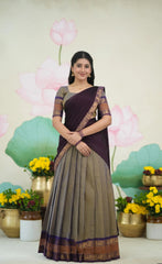 Padmaja Cotton Half Saree in Brownish Grey & Plum