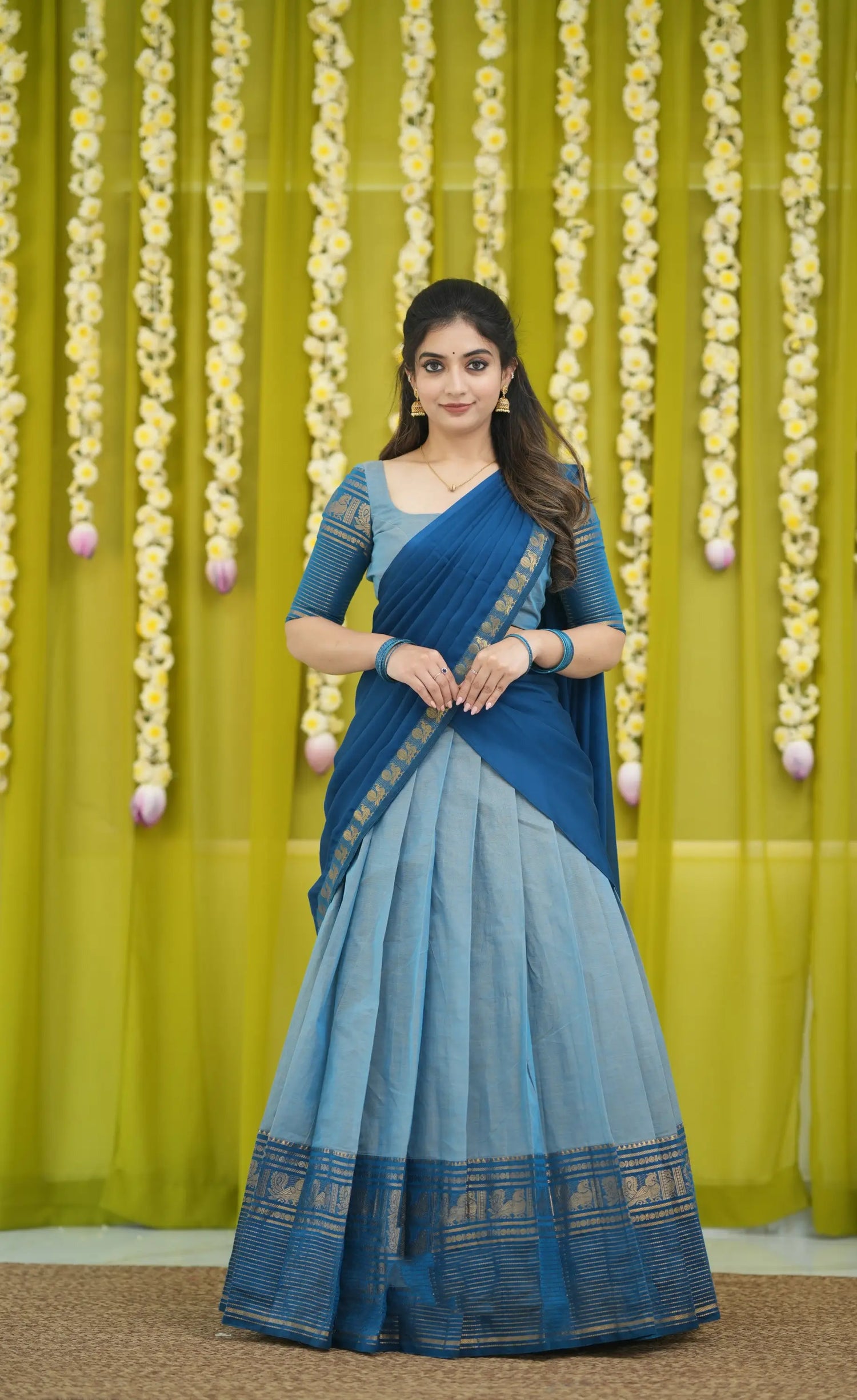 Padmaja Cotton Half Saree in Light Blue & Blue