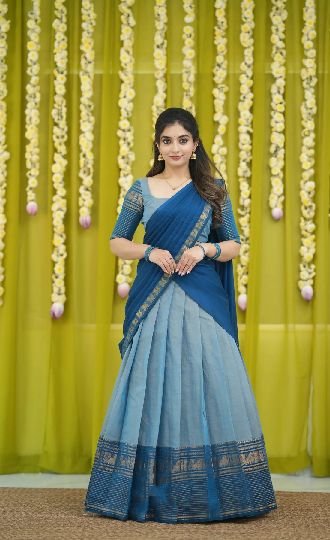 Padmaja Cotton Half Saree in Light Blue & Blue