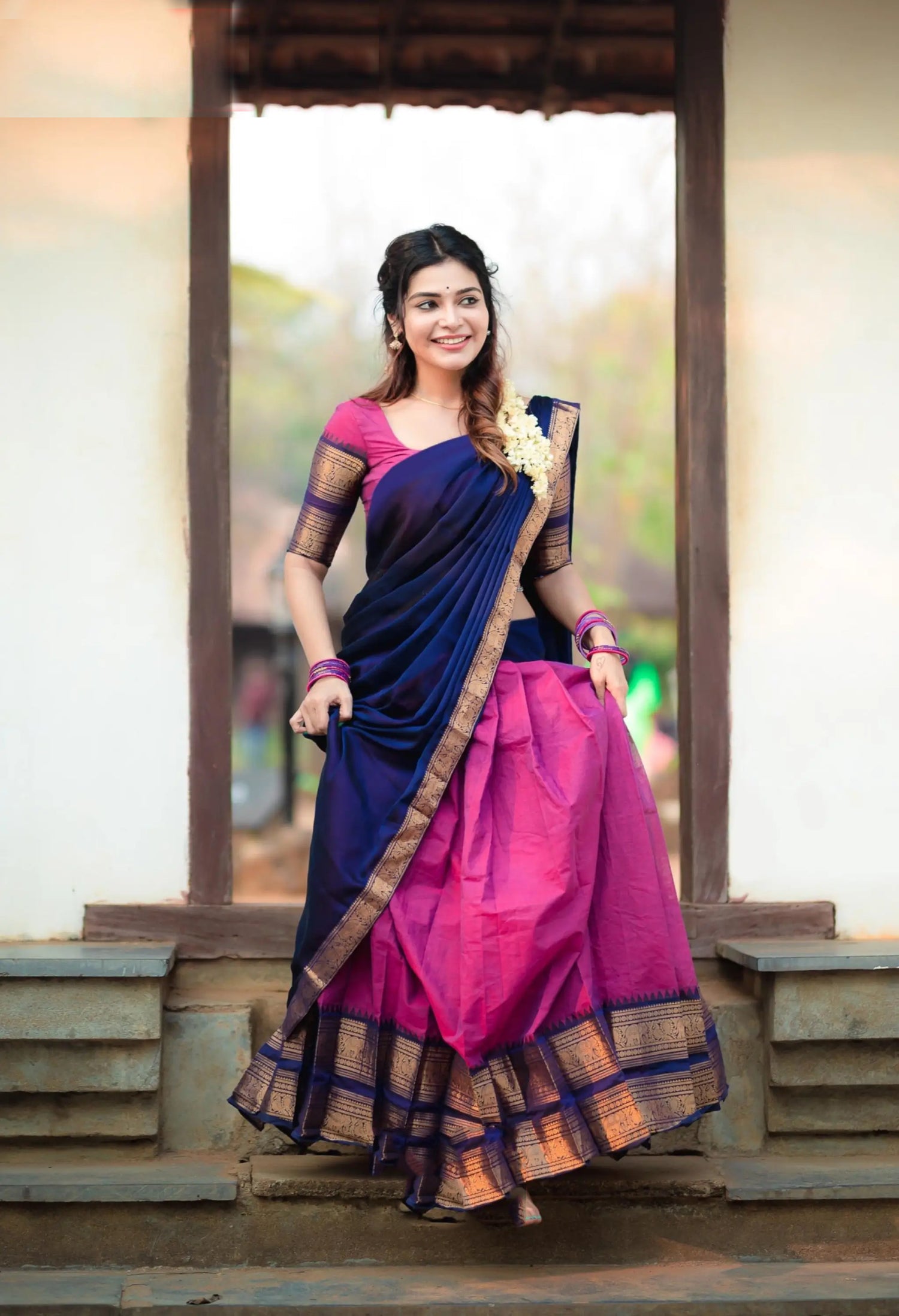 Padmaja Cotton Half Saree in Magenta & Navy