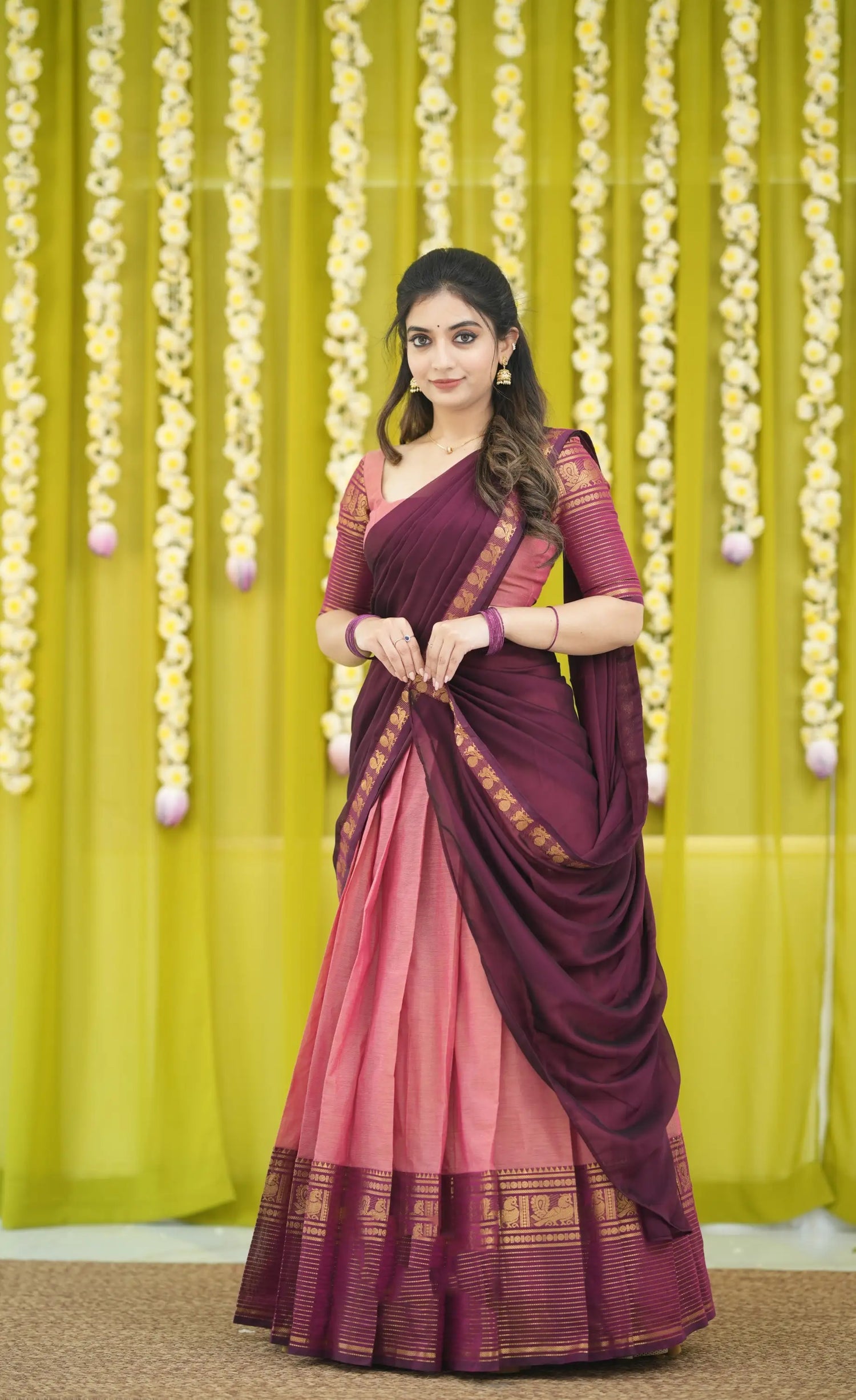 Padmaja Cotton Half Saree in Light Pink & Magenta