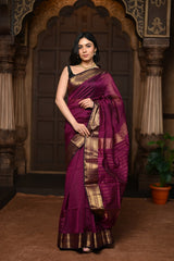 Dark Maroon Handloom Cotton Silk Saree With Golden Border