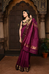 Dark Maroon Handloom Cotton Silk Saree With Golden Border