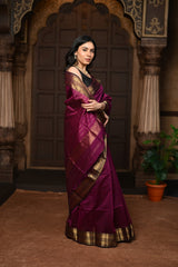 Dark Maroon Handloom Cotton Silk Saree With Golden Border