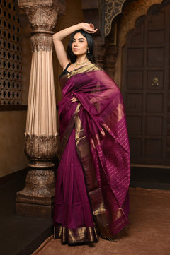 Dark Maroon Handloom Cotton Silk Saree With Golden Border