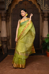 Green Pure Silk Chanderi Saree with Golden Border