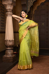 Green Pure Silk Chanderi Saree with Golden Border