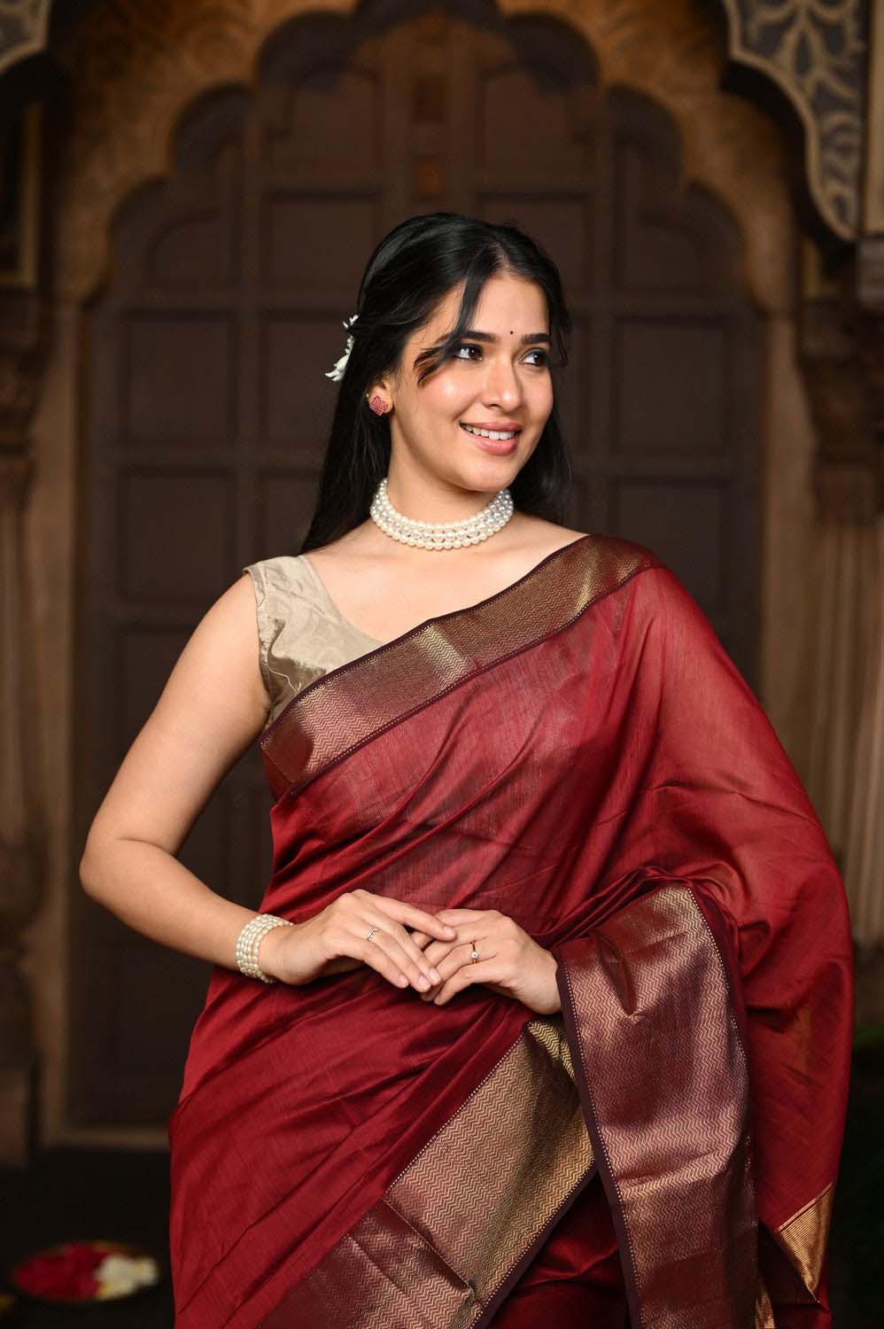 Maroon Handloom Cotton Silk Saree With Golden Border