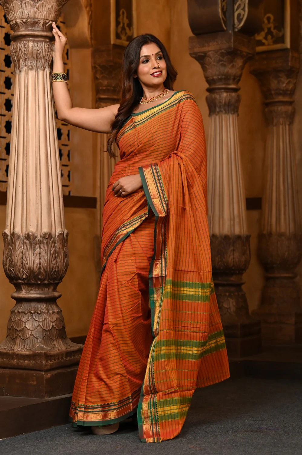 Parampara Pure Cotton Orange Saree