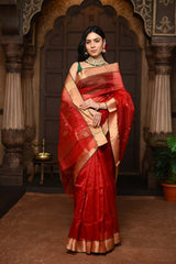 Red Pure Silk Chanderi Saree With Golden Border