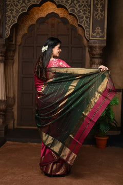 Rose Pink Handloom Cotton Silk Saree With Golden Border