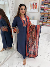 Navy Cotton Mirror Embroidered Suit Set
