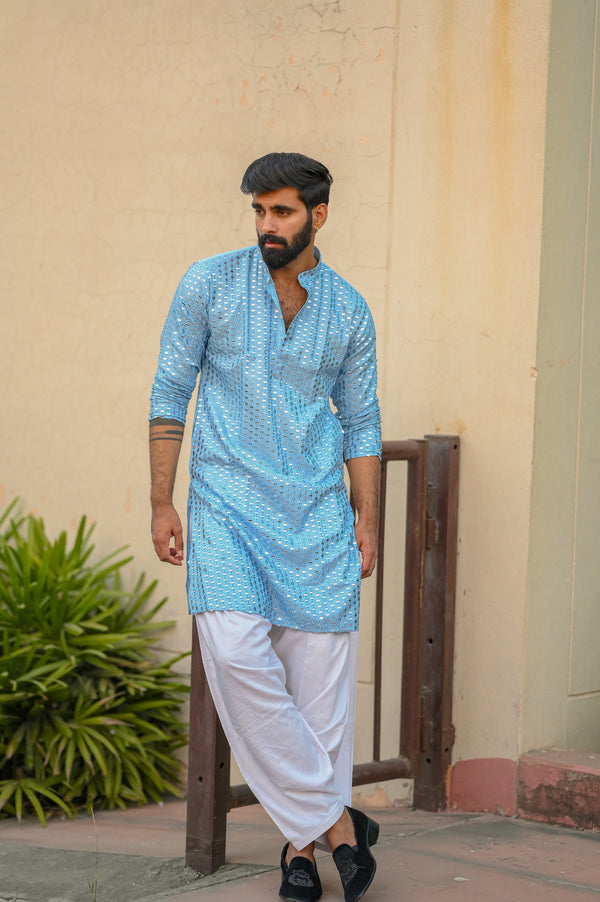 Pastel Blue Mirror Work Men's Kurta