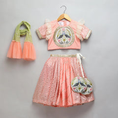 Peach Peacock Printed Chanderi Lehenga Set