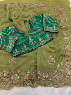 Sage Green Moss Chiffon Embroidered Saree