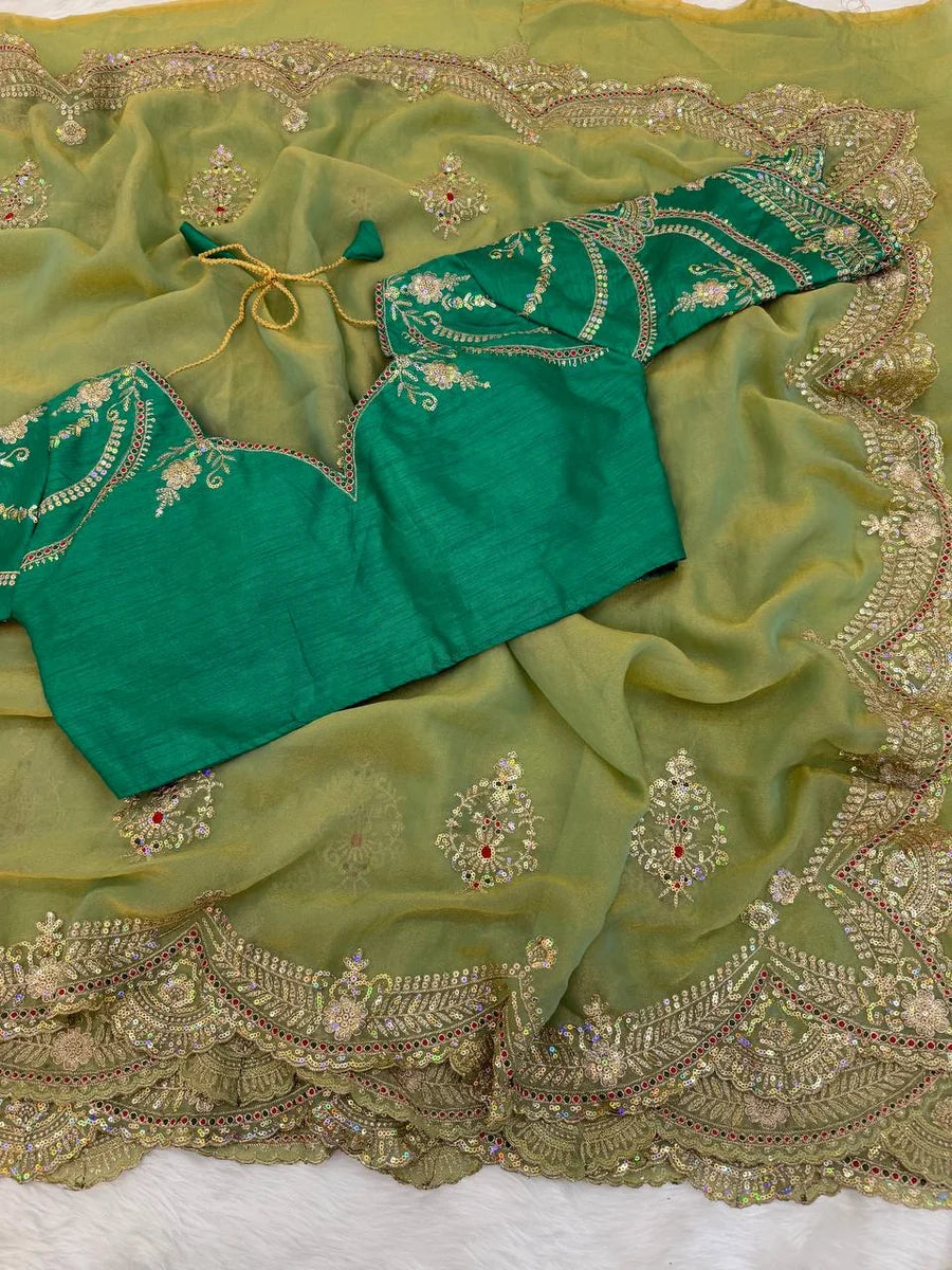 Sage Green Moss Chiffon Embroidered Saree