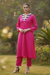 Hot Pink Straight Kurti Pant Set with Contrast Collar