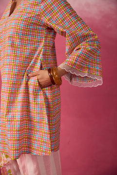 PINK CHECKS & FLORAL PRINTED FARSI SALWAR PRINTED CO-ORD SET