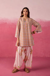 PINK CHECKS & FLORAL PRINTED FARSI SALWAR PRINTED CO-ORD SET