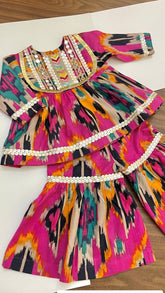 Pink Ikat Yoke Kids Sharara Set
