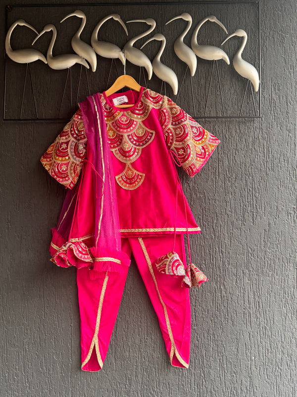 Embroidered Pink Kurti Set with Dhoti & Dupatta