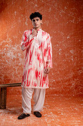 Pink Linen Tie-Dye Men's Kurta with Neck Embroidery