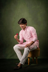 White Mirror Work Pink Cotton Kurta for Men