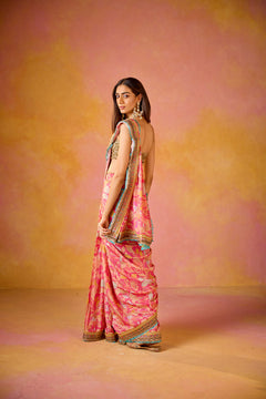 Pink Muslin Saree With Gold Embroidered Blouse