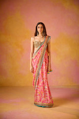 Pink Muslin Saree With Gold Embroidered Blouse