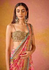 Pink Muslin Saree With Gold Embroidered Blouse
