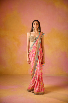 Pink Muslin Saree With Gold Embroidered Blouse