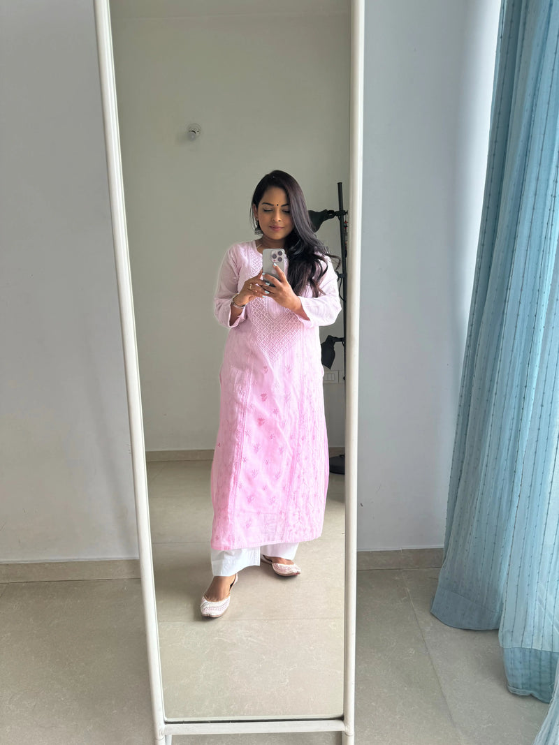 Pink Ombre Kota Cotton Chikankari Kurti
