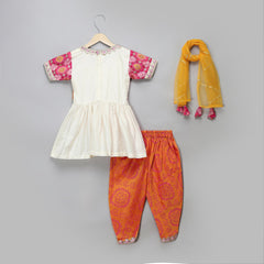 Pink Orange Bandhej Kurta Dhoti Set