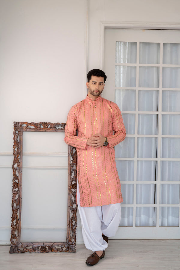 Pink Cotton Sequin Work Kurta for Men